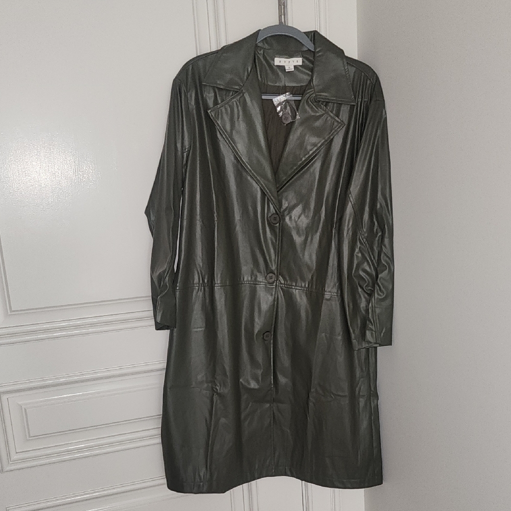 HYFVE Dark Green Faux Leather Trench Coat